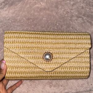 Beige Straw Clutch Purse with Pearl detail